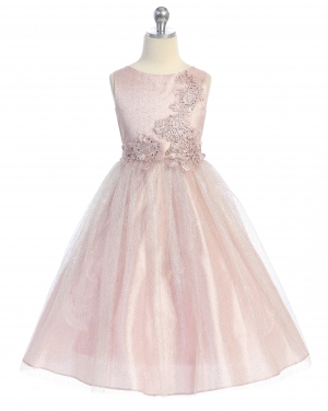Sleeveless Shimmery Dress with Floral Applique in Choice of Color